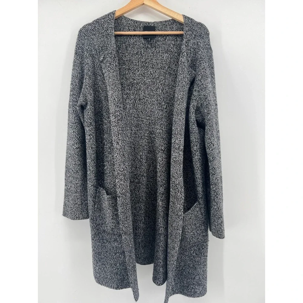 NIC+ZOE Womens Black White Marled Open Front Cardigan Sweater Pockets Size M